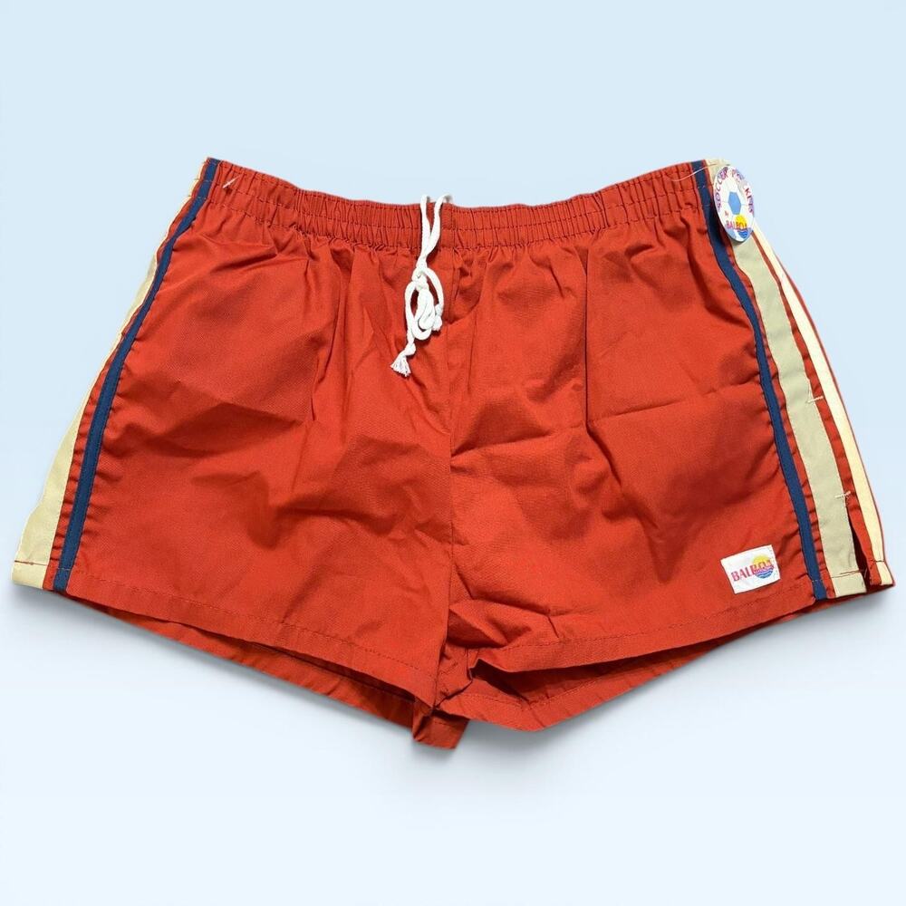 Vintage Balboa Swim Shorts Mens 38 Orange Soccer Pockets Lined Elastic Retro